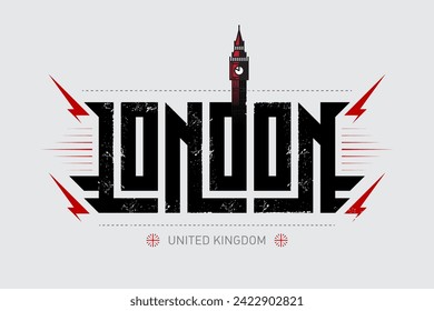 London - original print for t-shirt with lettering and Big Ben tower, landmark of United Kingdom.