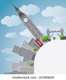 London panorama with big Ben and skyscrapers Vector illustration with copy space. Business travel and tourism concept with place for text. Image for presentation, banner, placard and web site.