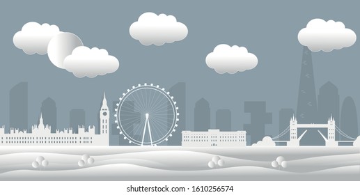 London panorama on dark background. Vector illustration showing the characteristic places in London. White, clean buildings on a dark gray background, vector.