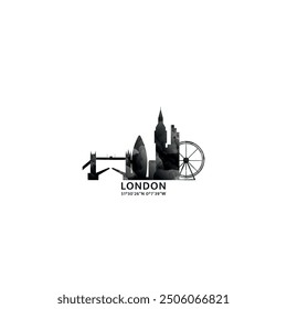 Panorama de Londres, insignia de Vector, logotipo e ícono del horizonte. Logotipo del horizonte de la ciudad capital del Reino Unido, Inglaterra con Lugares famosos y siluetas de construcción. Gráfico de gradiente abstracto brumoso aislado