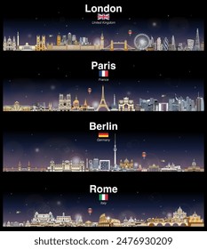 London, Paris, Berlin and Rome cities skylines at night. Vector illustrations