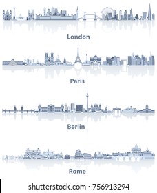 London, Paris, Berlin and Rome cities skylines vector illustrations in soft blue color palette