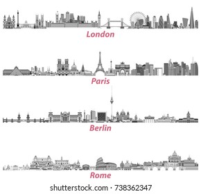 London, Paris, Berlin and Rome city skylines in black and white color palette isolated on white background. Vector illustration