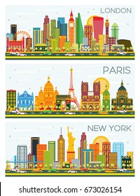 London, Paris, New York Skyline with Color Buildings and Blue Sky. Vector Illustration. Business Travel and Tourism Concept with Historic Architecture.