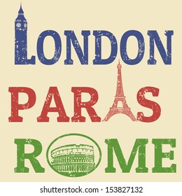 London, Paris and Roma grunge stamps, famous landmarks Big Ben, Eiffel Tower and Colosseum