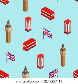 London pattern seamless. United Kingdom background. Landmark of London set icon. Red doubledecker and phone booth. UK flag and Big Ben tower
