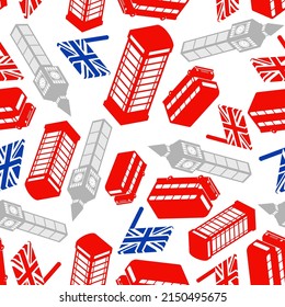 London pattern seamless. United Kingdom background. Landmark of London set icon. Red doubledecker and phone booth. UK flag and Big Ben tower