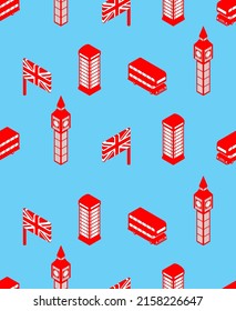 London pattern seamless. United Kingdom background. Landmark of London set icon. Red doubledecker and phone booth. UK flag and Big Ben tower