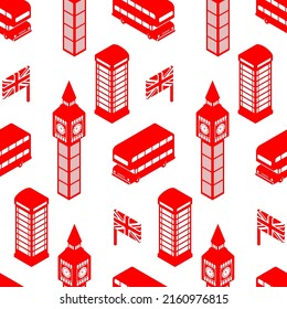 London pattern seamless. United Kingdom background. Landmark of London set icon. Red doubledecker and phone booth. UK flag and Big Ben tower