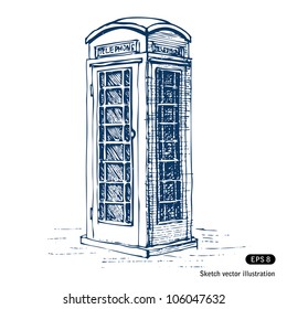 London pay phone. Hand drawn sketch illustration isolated on white background