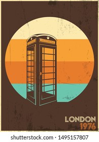 London Phone Booth 1970s Poster Style, Vintage Colors, Grunge Texture Pattern