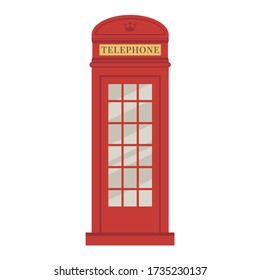 London phone booth. Red historic British telephone box. Flat cartoon isolated element icon. Travelling to England. 