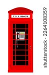 London phone booth vector illustration isolated on white background. Street telephone box, Great Britain symbol. British red cabin. Public communication, traditional England architecture. 