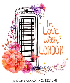 London phone booth with watercolor flowers, colorful illustration for beautiful travel design, Vector