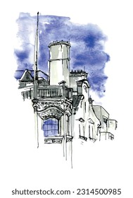 London Piccadilly rooftops architectural sketch. Blue sky, chimneys. Ink drawing. Watercolor sketch. Isolated vector.