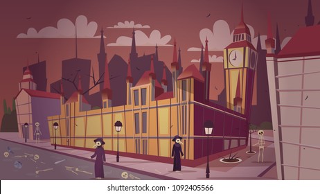 London plague epidemic vector illustration. Cartoon London great bubonic plague disease or Halloween concept design of doctors in mask costumes and dead people skeletons at Big Ben or Parliament House