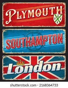London, Plymouth, Southampton city travel plates and stickers, UK vector luggage tags. England county cities tin signs and travel plates with English landmarks, flag, emblems and symbols