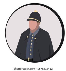 A London policeman in a helmet , with a Cape over his shoulders. Avatar in the circle.
