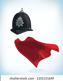 London policeman helmet. Masquerade costume headdress. Carnival or Halloween mask. Cartoon Vector illustration. Funny super hero flying with cloak. Funny super hero flying with cloak.