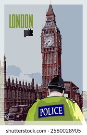 London policeman standing guard with big ben and the palace of westminster in the background