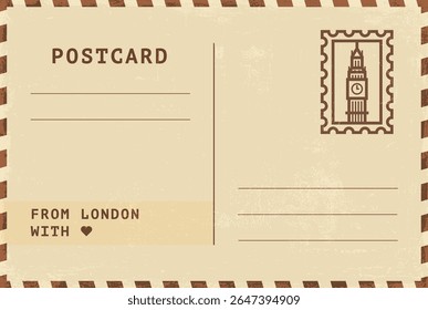 Do modelo de cartão postal de Londres. Ilustração de cartão postal estilo vintage grungy vetor com selo, torre, marco, mensagem. Layout de imagem simples de saudações simples