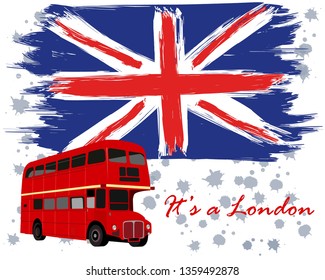 London postcard with double decker and flag UK. Vector illustration