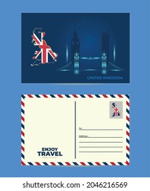 London postcard Template. A postcard and an envelope. UK. London. Map of UK in the form of the country's flag. 