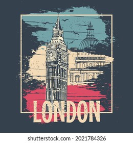 London poster abstract design. Typography for t-shirt print with Big Ben.Vector Illustration