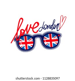 London Poster. Great Britain Illustration For T Shirt Boy And Girl. Lettering Composition And Sunglasses With Britain Flag. National England Flag Inside Of Glasses Shape. Love London Text