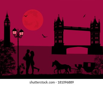 London poster with lovers and beautiful cityscape, vector illustration