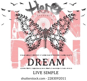 london print pattern consisting of text and butterfly suitable for textile white background