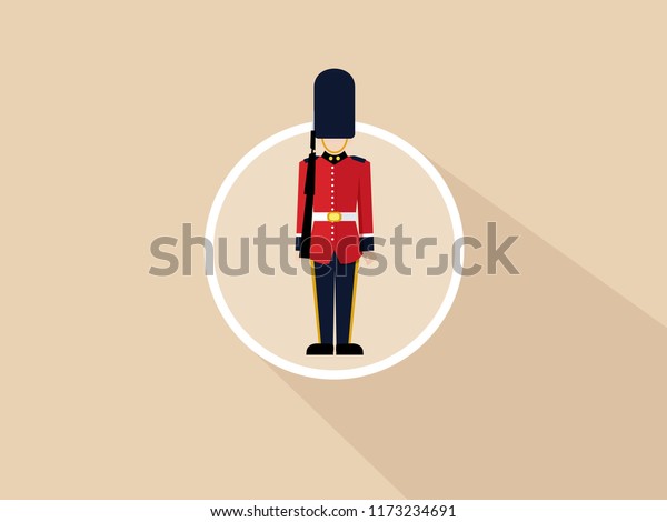 London Queen\'s guard. Vector flat\
illustration of a British soldier in uniform with a gun. Icon with\
long shadow. Vector flat isolated\
illustration.