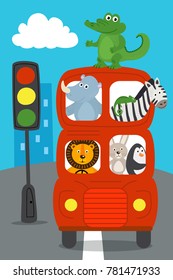 london red bus with animals rides on road  - vector illustration, eps