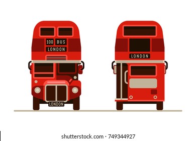 London Red Double Decker City Bus Transportation Front And Back View In Flat Style