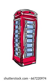 London red phone booth hand drawn isolated icon. English culture element, patriotic vector illustration.