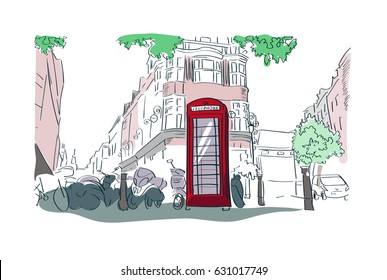 London red phone booth vector watercolor illustration street view