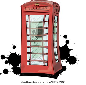 London, red phone booth. Vector illustration. London pay phone. Hand drawn sketch illustration isolated on white background