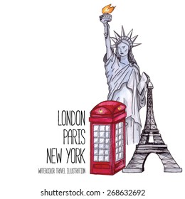 London red telephone box, Statue of Liberty and the Eiffel Tower. Watercolor illustration