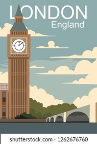 London Retro Poster. Vector Landscape With Big Ban In London City.