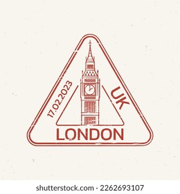 London rubber stamp design with grunge texture. Travel, passport icon or seal with Big Ben. UK symbol. Vector illustration.