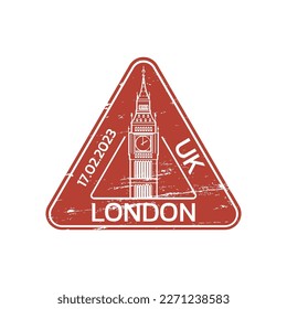 London rubber stamp design with grunge texture. Travel, passport icon or seal with Big Ben. UK symbol. Vector illustration.