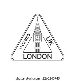 London rubber stamp design. Travel, passport icon or seal with Big Ben. UK symbol. Vector illustration.