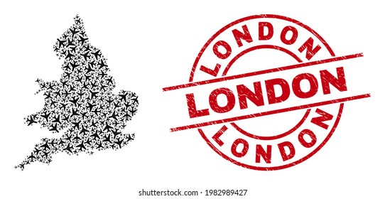 London rubber stamp, and England map mosaic of aviation elements. Collage England map created using aviation items. Red stamp with London caption, and corroded rubber texture.