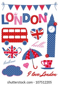 London scrapbook elements in blue, red and pink. svg