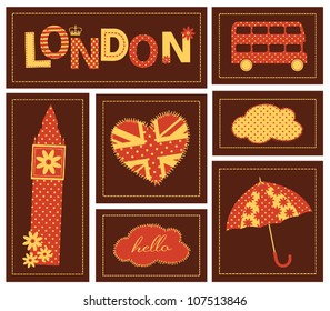 London scrapbook elements in yellow, red and brown.