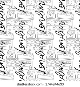 Patrón ininterrumpido de Londres con buses negros y palabras con fondo blanco. Ilustración vectorial. Impresión de tejido. Patrón de papel envuelto. 