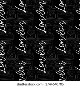 London seamless pattern with buses and letters on black background. 