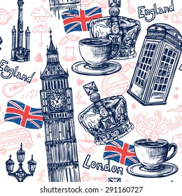 London seamless pattern with sketch telephone booth Big Ben crown vector illustration