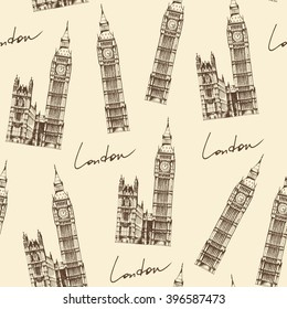 London seamless pattern, vector background with hand drawn Elizabeth Tower (Big Ben), travel beige background