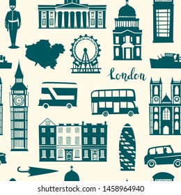 London seamless pattern vector illustration. Cartoon United Kingdom background. London tourist landmarks backdrop